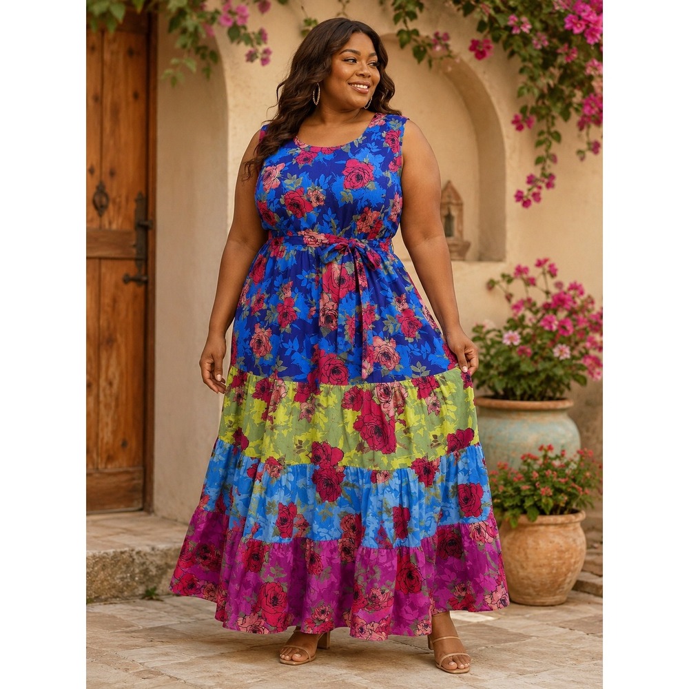 459. Boho Retro Woman Within Floral Tiered Cotton Maxi Dress  22W Sleeveless